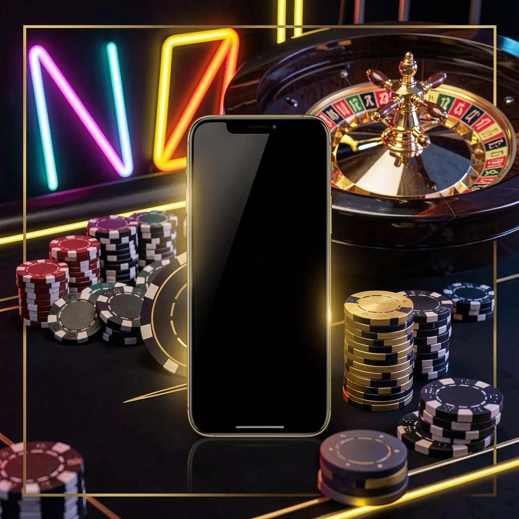 Adegan aplikasi kasino seluler RK55W yang menampilkan ponsel di tengah dengan roda rolet dan chip poker di latar belakang, diterangi lampu neon bercahaya dalam gaya hitam dan emas premium