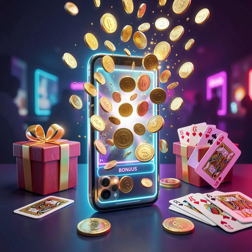 Banner bonus kasino seluler RK55W yang menampilkan ponsel pintar dengan koin yang meledak keluar dari layar, kotak hadiah dan kartu permainan di dekatnya, semuanya diterangi cahaya neon terang dalam render 3D realistis premium