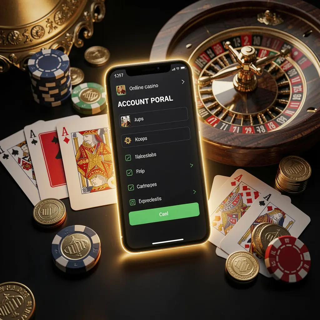 Portal akun kasino daring RK55W dengan ponsel pintar bercahaya, kartu premium, chip, roda rolet, dan koin pada latar belakang hitam dan emas dengan pencahayaan sinematik dalam render 3D realistis