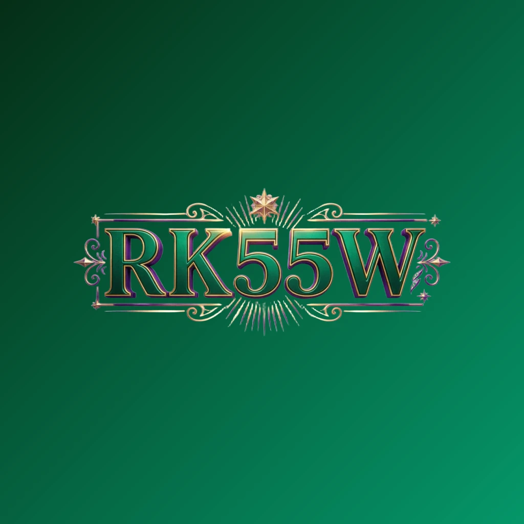 Logo berwarna mewah untuk RK55W dengan tipografi serif tebal dalam palet zamrud, ungu, dan emas yang kaya serta ornamen bercahaya elegan pada latar belakang transparan