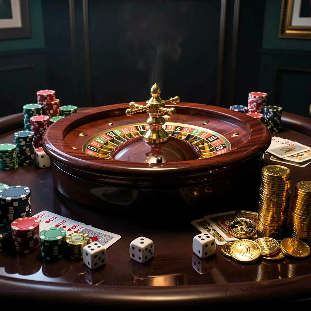 Adegan beranda kasino premium yang menampilkan roda rolet berputar di atas meja mengilap dengan chip poker, dadu, kartu, dan koin emas, diterangi pencahayaan sinematik dengan latar belakang gelap yang elegan, menampilkan lingkungan permainan bertanggung jawab RK55W